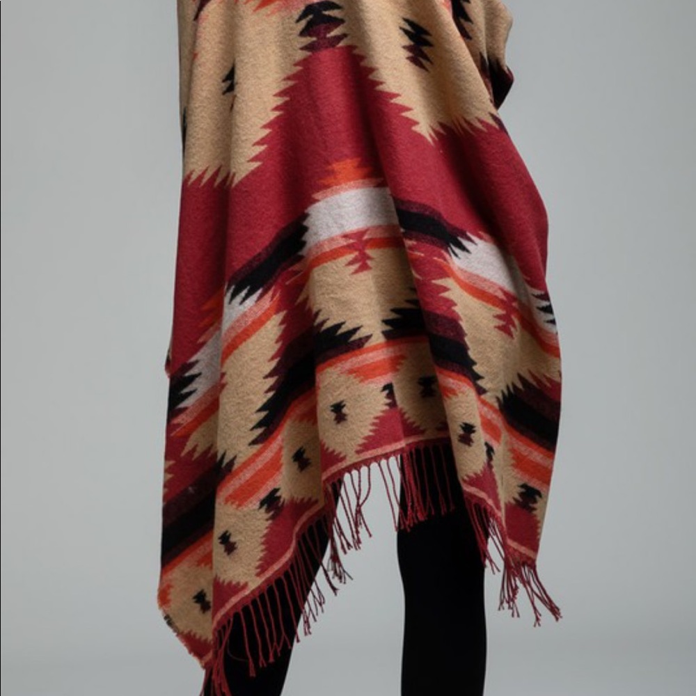 Western Print Ruana Poncho Red - Picture 4 of 4